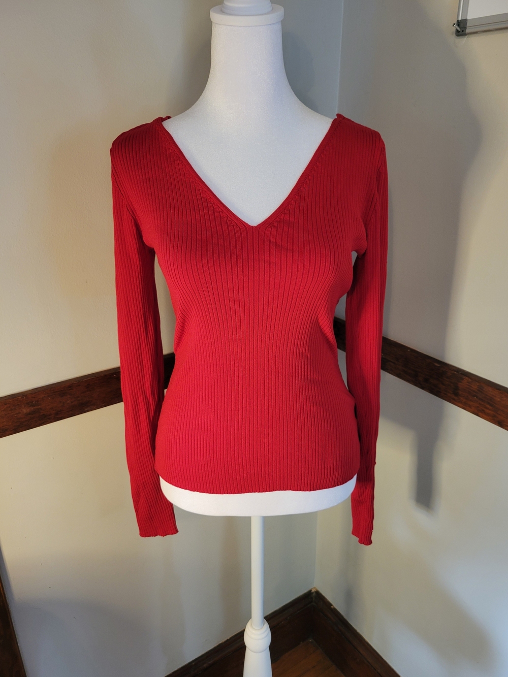 Express Ribbed V-Neck Long Sleeve Top - Red